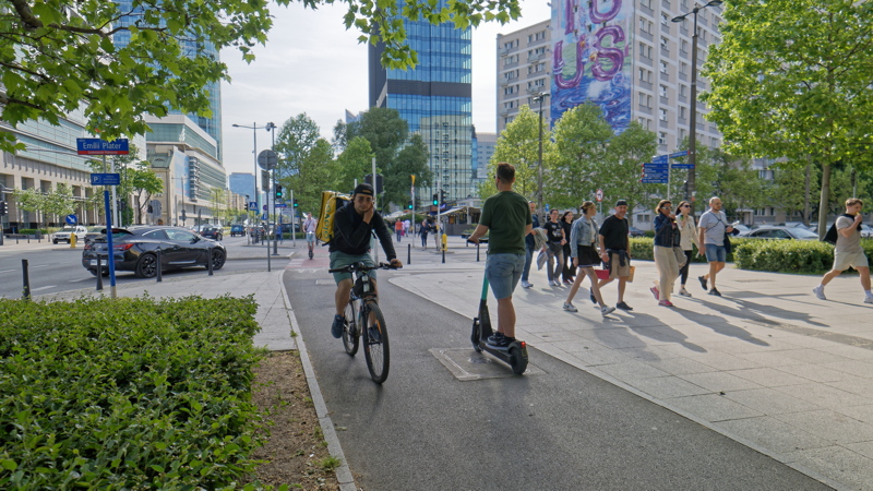 Urban multimodal micro-mobility lane located on Emilii Plater Street in Warsaw